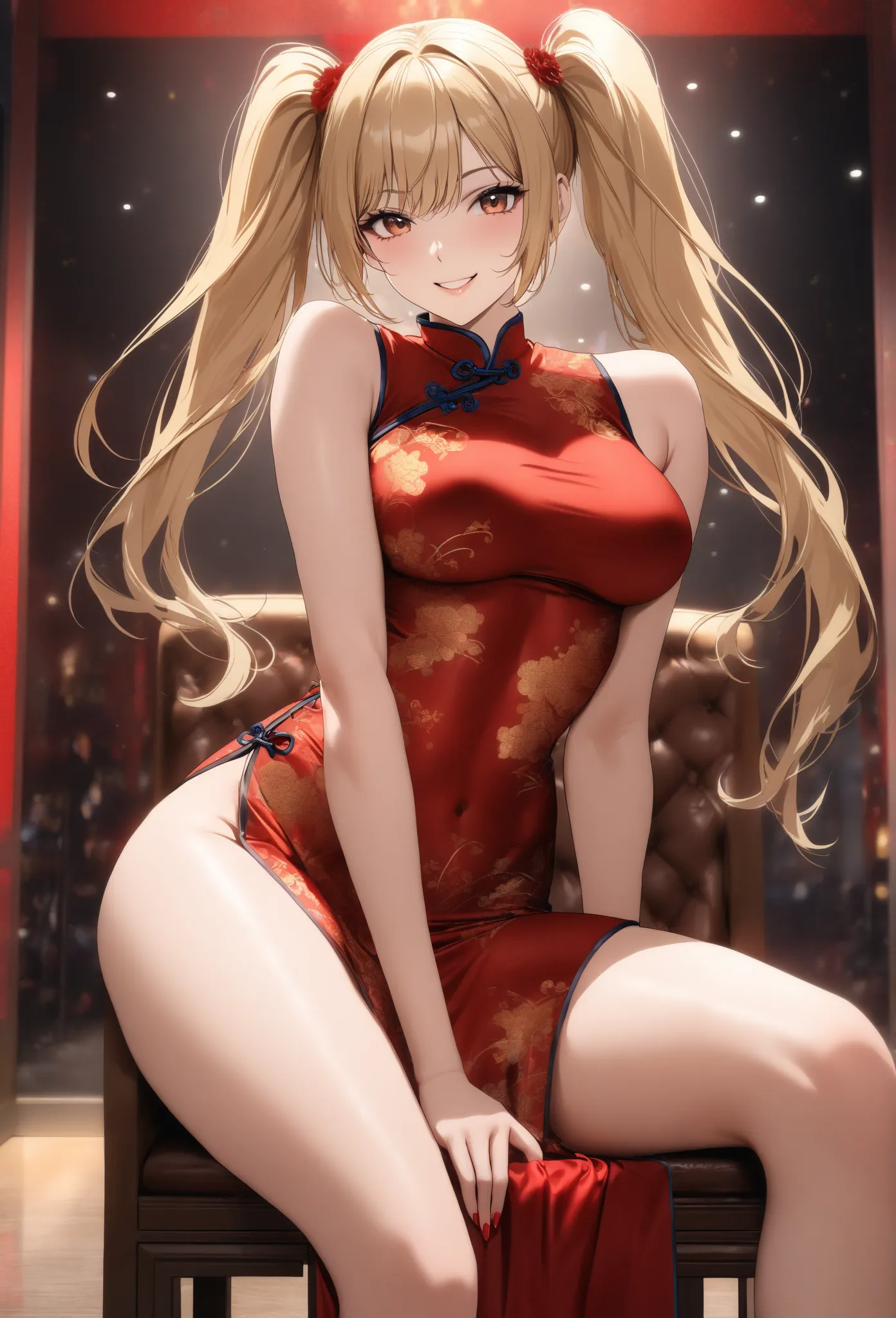 High quality OP, masterpiece, high image quality, 8k, (1 girl ), alone,  sexy, (cowboy shooting), (((smiling married woman))), beautiful breasts,  Beautiful Legs, (dim nightclub ), Mature Woman, (((Blonde Twin Tails))), (((  red china dress))), staring at ...