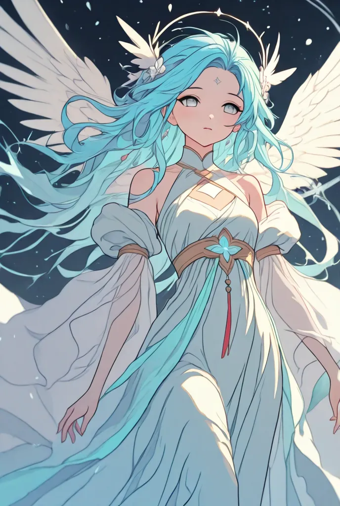 

"Winter is a young woman with long turquoise hair, soft as silk, cascading in delicate waves over her shoulders. Her skin is pale and flawless, and her silver eyes reflect an angelic serenity. She has a graceful and slender figure, with soft features and...