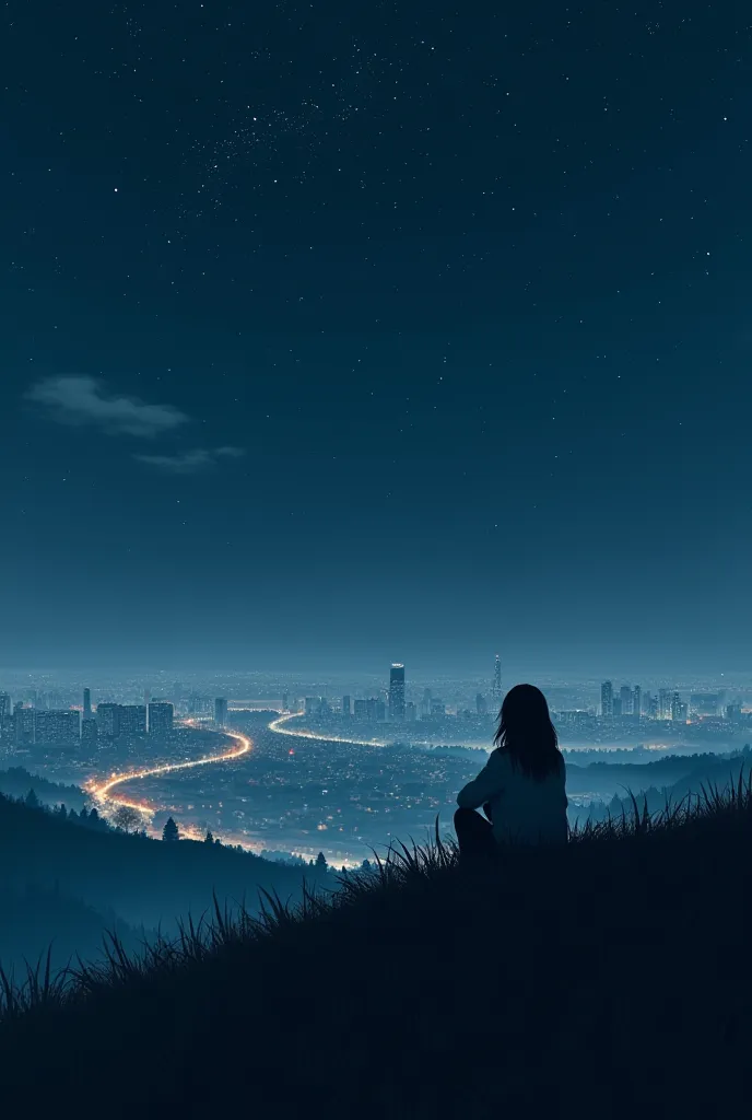 A person sitting on a hill watching the city from afar under the starry sky in the middle of the night