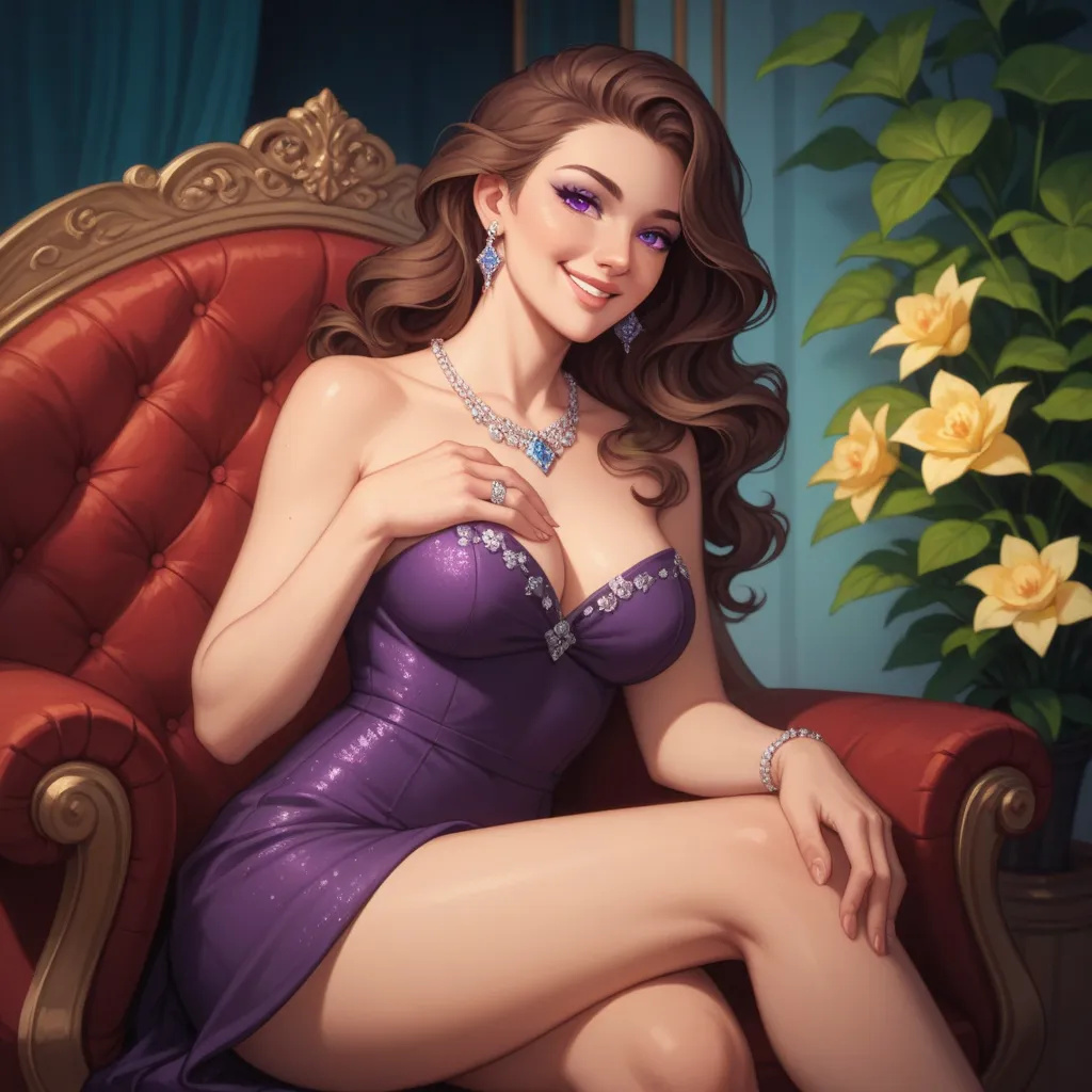 A breathtaking 27-year-old woman with voluminous, perfectly wavy hair cascading over her shoulders. She wears a flowing, elegant purple dress that enhances her radiant beauty. Her delicate features are highlighted by her smooth, glowing skin, and her deep,...