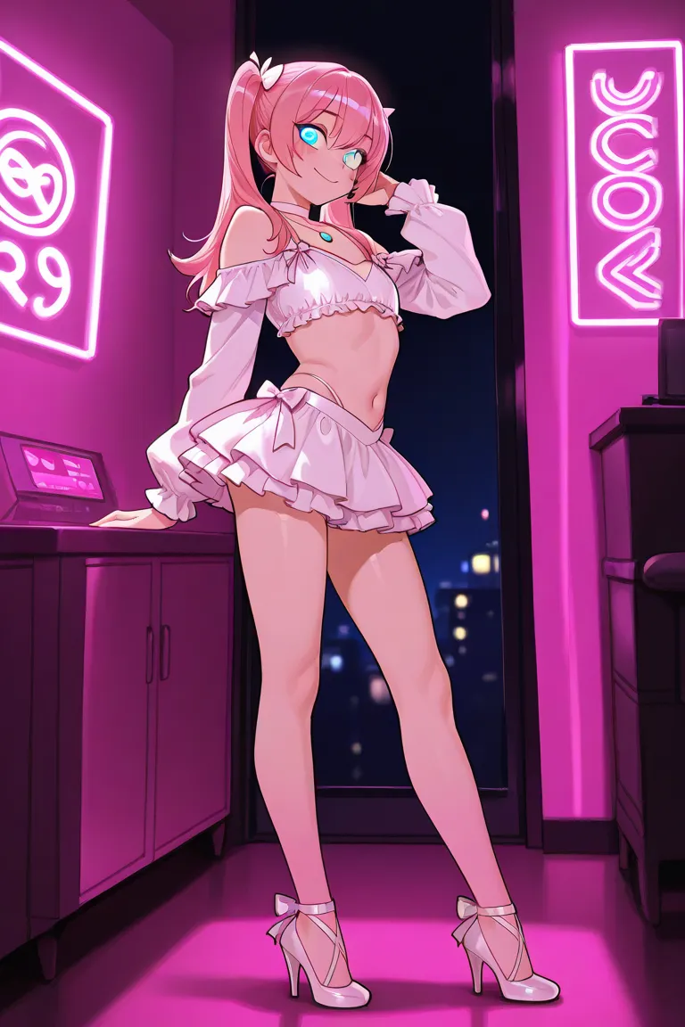 1male, femboy, a guy in girl clothes, no breasts, flat chest, long twintail hair, blue eyes, pink hair, long height, long legs, in a neon lighted room, luxury room, night, cozy atmosphere, choker necklace, spiral pupils, casual outfit, white outfit, cute o...