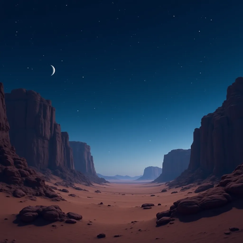 The desert land is brown at night and the sky is blue