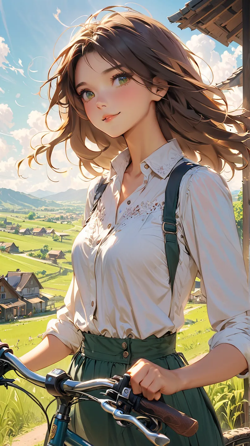 A rural landscape bathed in warm sunlight under a wide blue sky. The endless green grasslands and distant mountains create a tranquil summer day. White clouds float by slowly, and a gentle breeze sways the grass.

A beautiful woman stands in the center of ...