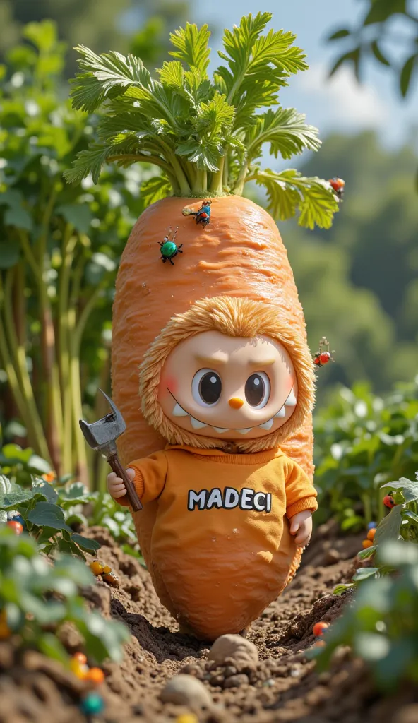 Labubu stands bravely in front of a group of tiny pests trying to nibble the leaves of a giant carrot. He holds a small gardening tool, ready to shoo them away. The word "MADECI" is visible on his shirt.