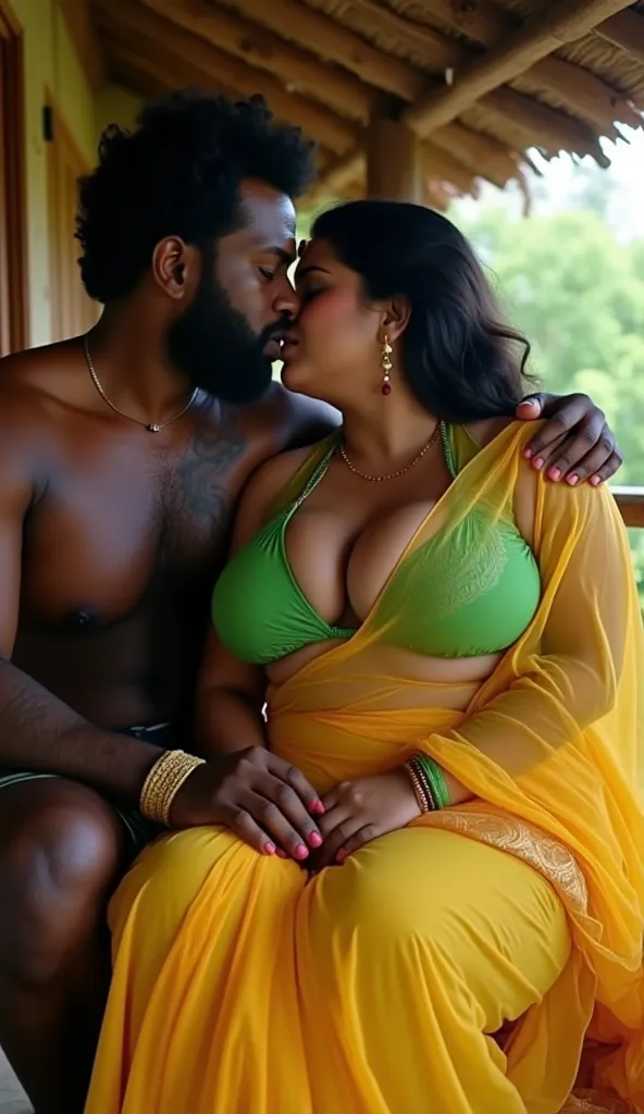 photo of Voluptuous Mature plus size Indian Bengali Aunty with dusky skin, wearing Transparent chiffon yellow saree and green strapless sleevless Blouse, showing her large U cut Cleavage, Red Sindoor on her forehead, Hair messed up, nice curves, sitting on...