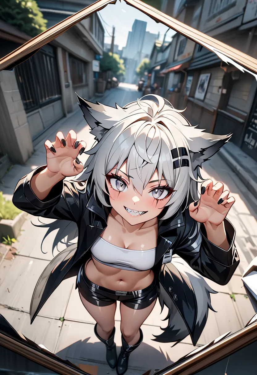 anime style, (best quality ,4k, 8k, highres, masterpiece:1.2), photo, BREAK, solo, Lappland \(arknights\), Top view, ultra detailed, perfect eyes, perfect lips, perfect face, ( jagged teeth:1.2), Grey eyes, Scar across eye, Long hair, Silver Hair, Wolf ear...