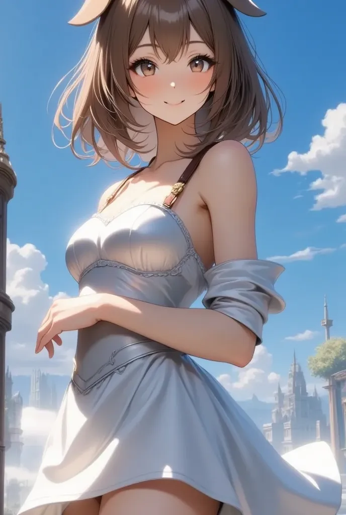 1 girl、 Clean Women、Big Breasts、white dress、white underwear、Blue sky background、