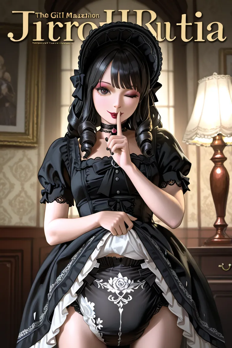 lolita fashion magazine cover, text, ornate gothic font, the girl is lifting her skirt to reveal her diaper and winking, indoors, victorian, gothic, solo, 1girl, one handed skirt lift, frilled underwear, black diaper, lace diaper, black and white gothic pr...