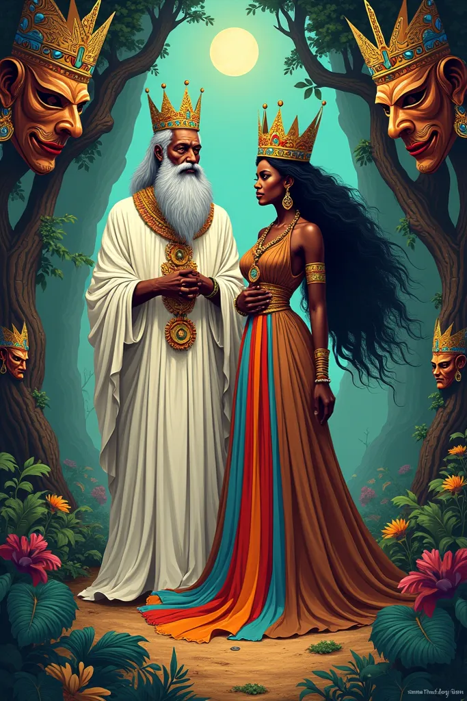 Illustration of Obatala an older African man with a beard and gray hair, dressed in white and wearing a crown with Oya his African daughter queen of the cemetery, dressed in brown with a skirt with nine colored ribbons, with masks and swirls around them.