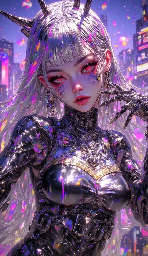 A highly detailed realistic 24K 3D semi-realistic anime character with holographic textures. The character has shimmering, iridescent hair that reflects neon colors like bright red bright blue, bright pink, and bright purple, with a futuristic glow. Their ...