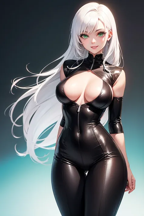 Tall girl with white hair, green eyes, Tight-fitting leather clothing, cabello largo, medium and perfect breasts, thick, perfect lips,  marked abdomen, wide and sexy hips ,  smiling. 