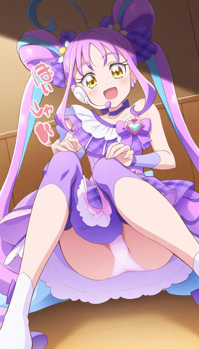  cure kyun kyun , kimi to idol precure, stupid hair,  purple choker, Magical Girl, purple dress, purple hair, twin tails, is, yellow eyes, idol clothes, hair bow,  purple ribbon,   heart brooch , earrings, idol, hair accessory, sleeveless,  headset,masterp...