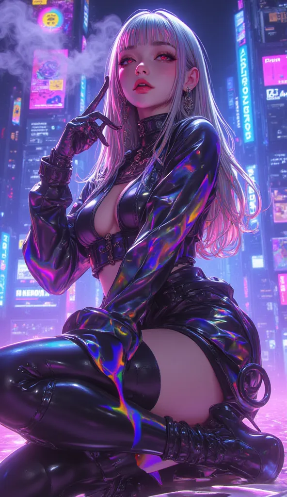 A highly detailed realistic 24K 3D semi-realistic anime character with holographic textures. The character has shimmering, iridescent hair that reflects neon colors like bright red bright blue, bright pink, and bright purple, with a futuristic glow. Their ...