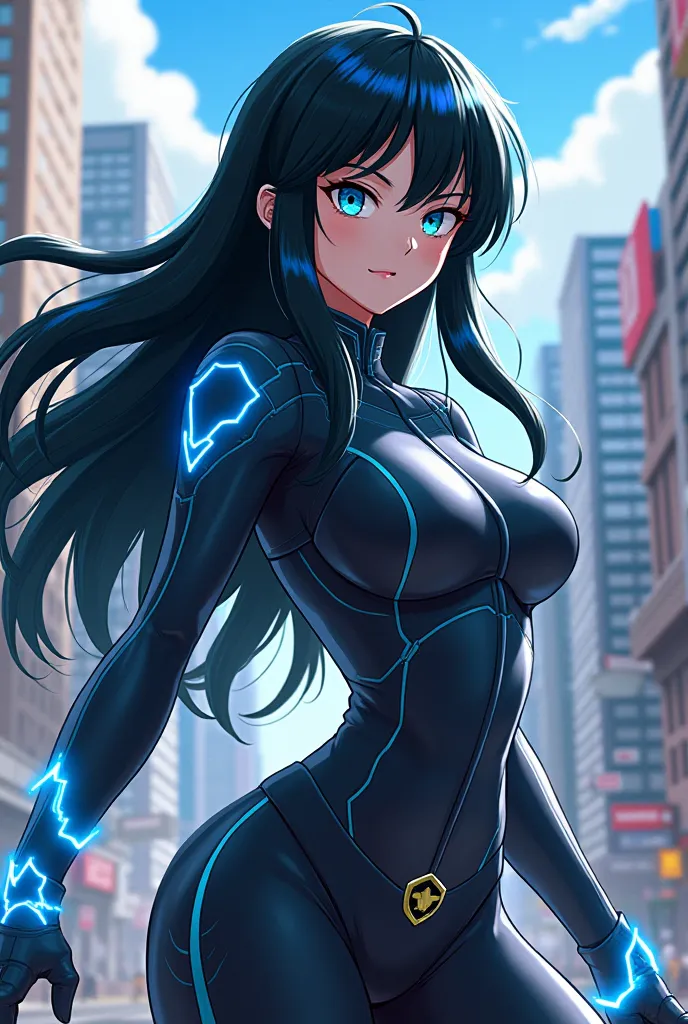 Create a female My Hero Academia-style character with long black hair with blue tips and blue eyes