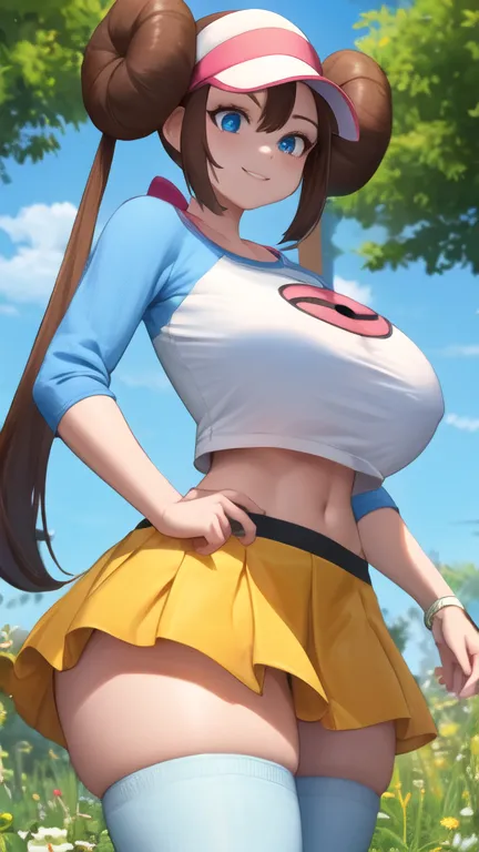 Perfect CG unity 8K UHD wallpaper, Perfect CG unity 8K UHD wallpaper, (masterpiece, best quality:1.2), rosa pkmn, cowboy shot, masterpiece, best quality, highres, ro1, hair bun, blue eyes, twintails, visor cap, thighhighs, raglan sleeves, ((yellow miniskir...