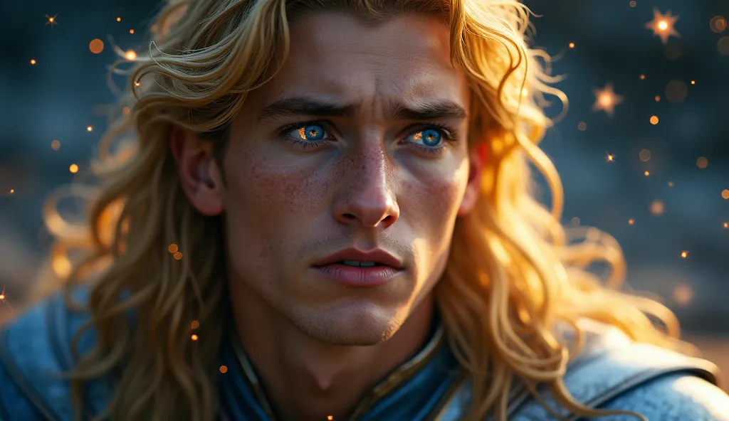 "An ultra-realistic close-up of Lúcifer's face in high resolution, showing his conflicted expression as he observes the stars forming. His golden hair falls softly over his shoulders, reflecting shades of gold and blue under celestial light. He still wears...