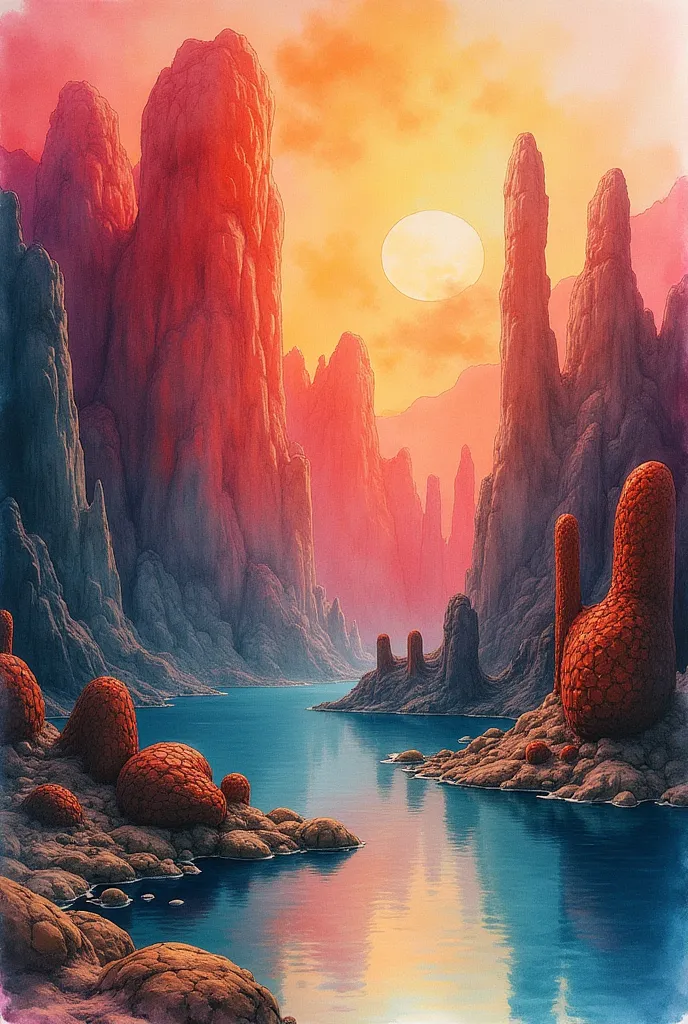 Craft a gentle loose sketchy without details Giger Yerka style richly colourful watercolour  with many reds, vibrant colours, bright alien shapes, sculpted rock mountain lake standing stones landscape with a group of rhombicosidodecahedron radiolarian crea...