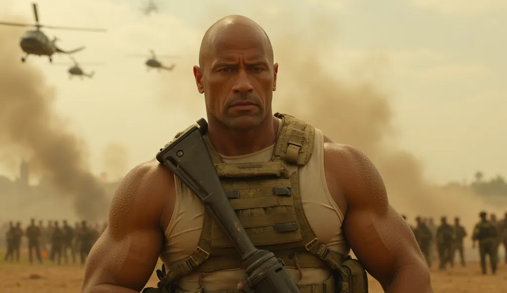 Dwayne Johnson in a War Zone

Video Prompt: Dwayne Johnson, covered in dust and sweat, stands in the middle of a battlefield. Helicopters roar above, smoke and fire rise in the distance. His eyes scan the chaos, gripping a rifle, ready for the next move.

...