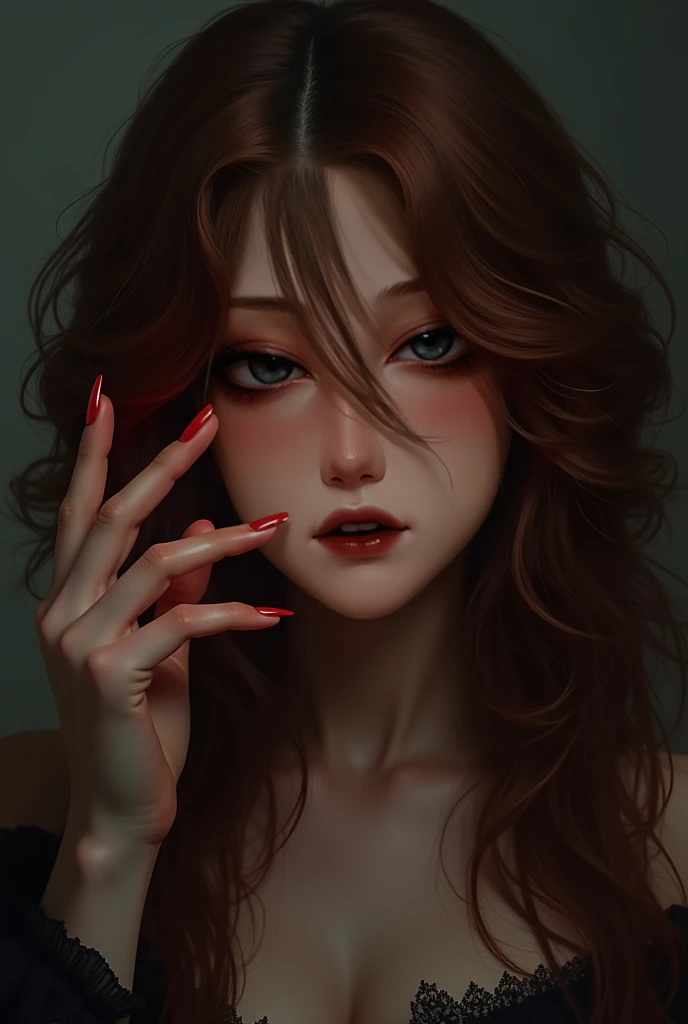 Woman with long nails, with ruby red eyes, - and dark, dark aubrurn hair, nearing brown