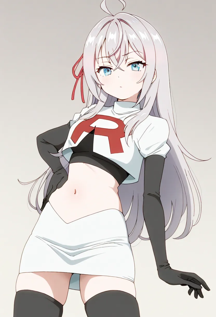 masterpiece, best quality, amazing quality,
1girl, solo, looking at viewer, gradient background, 
long hair, silver hair, ahoge, crossed bangs, red hair ribbon, sidelocks, blue eyes,
team rocket,team rocket uniform,white skirt,red letter R,crop top,black t...