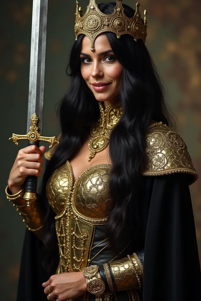 Extremely sexy Viking woman dressed in gold and black, with gold jewels all over her body , sexy, black hair, A luxurious crown, And their super sexy clothes are very sexy . Smiling and with a sword in his hand 