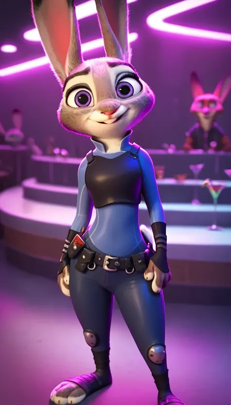 anthro, rabbit, sheath, judyhopps,, zootopia, standing, looking at viewer, nightclub, leather clothing, harness,