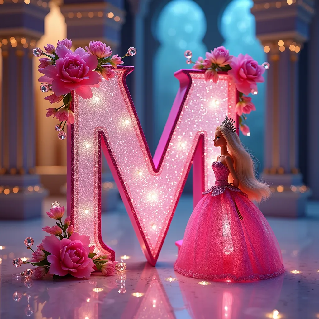 Unique and dreamy design marked with:

Miniature Letter M :  A large photograph  , sparkling letters decorated with sparkling crystals shimmering.

Floral decoration: Vibrant collection,  colorful flowers  ( pink and red) surrounding letters, add an artist...