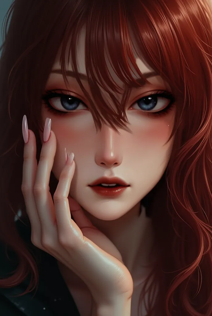 Long pale almond shape natural nails; ruby dark red colored eyes; Dark reddish-brown colored hair.