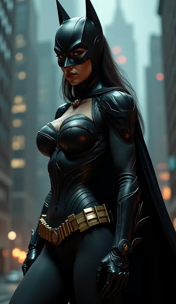 Create an image of Batman female version with big and large tits