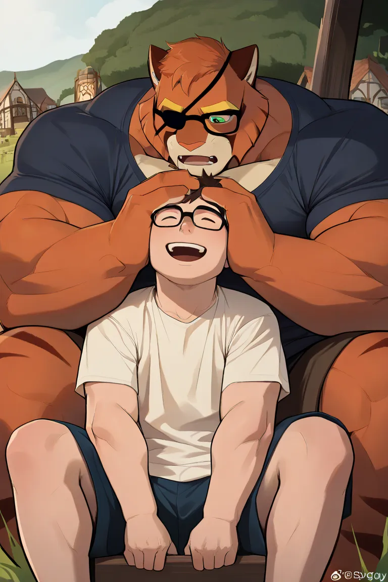 duo, 2boys, muscular, (viktor vasco, Viktor[lackadaisy], Viktor Vasko[lackadaisy], black eyepatch, orange fur, orange body, yellow pattern, cream pattern, 1920s styled clothing, stripes, green eyes, large eyebrows, eyebrows, yellow eyebrows.) glasses, very...