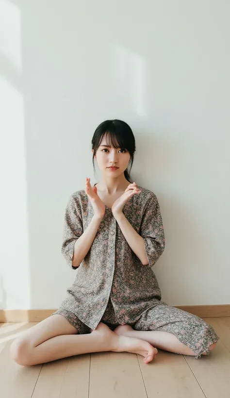 full body shot from the front、 off shoulder mini one-piece pajamas please,   Bend Your Knees, spread legs, pose with legs crossed, and sit while staring at me,  Slender Naked Legs  、smile、  has a monotone background  

