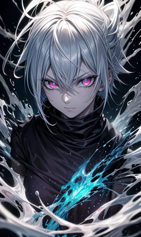 male,silver hair,Spiky Hair,Visual Kei,"Enhance the image with a glowing [red/green/blue] toxic venom effect. The liquid should appear to drip from the mouth, eyes, or body, glowing intensely in the darkness. The glow should cast a subtle light on the surr...