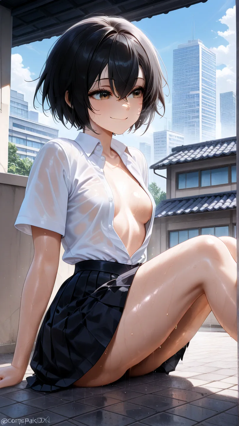 (masterpiece),best quality, w sitting, w sitting on ground, legs on ground, 1girl,
, PennyParkerSDXL,solo,1girl,short hair,skirt,shirt,black hair,hair between eyes,brown eyes,school uniform,white shirt, open shirt, sweaty,sleevesless,pleated skirt,collared...