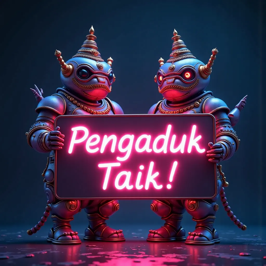 A couple of satans holding neon sign with text "Pengaduk Taik !" In various shape and colours.