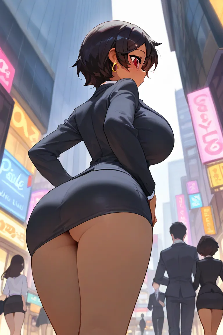  two beautiful women ,  long black hair, red eyes, wearing a fitted suit with a brown rubberized miniskirt, big breasts, city,   late, luz de luna,   absurd, High resolution, Ultra sharp, 8K, masterpiece,  Seen from behind, perfect ass, looking at the spec...