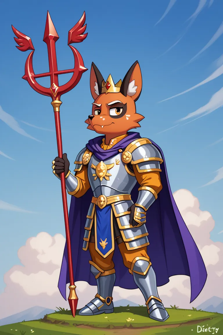 Furry, solo, anthropomorphic character, nickit [wears a small, three-pointed crown atop his head, golden pauldrons, a long purple cape that slightly drags along the ground, which he often uses cloak his armored body. armor is near-full body, though his fee...