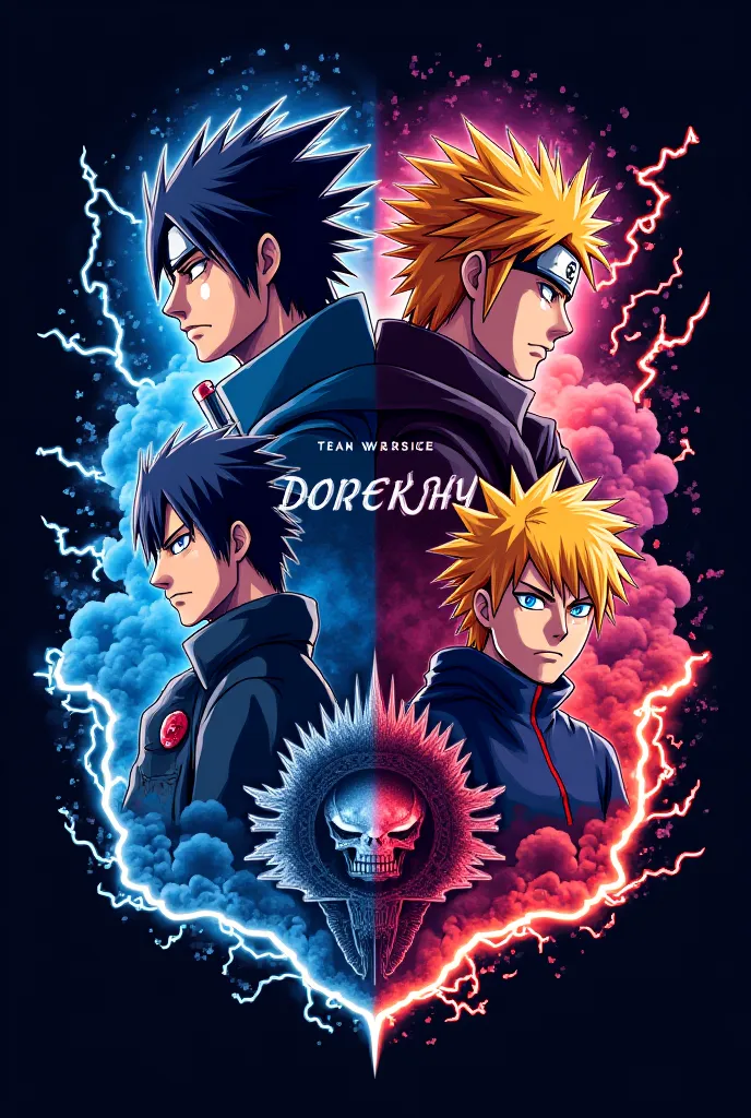 Donne moi un logo pour un team qui s'appelle Dark Sky et ajouter c'est 4 animé dans le logo. Madara, Sasuke, Ichigo kurosaki, obito Et n'oubliez pas d'ajouter le nom de team dark Sky Cosyanuia
