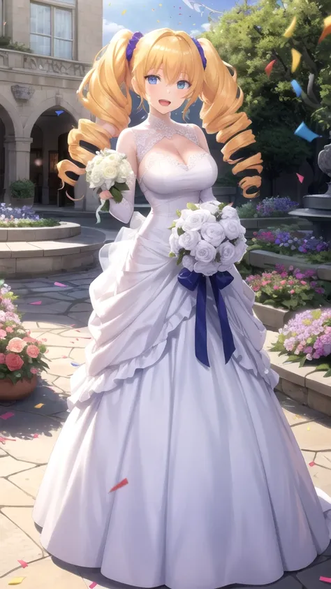 Masterpieces, Best Quality, girl, looking at viewer, Phenex Ravel, blonde hair, blue eyes, twintails, drill hair, hair scrunchie, large breasts, wedding Dress, standing, garden, confetti, holding bouquet, smile, open mouth 