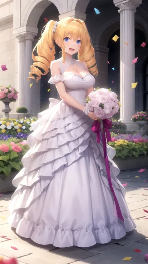 Masterpieces, Best Quality, girl, looking at viewer, Phenex Ravel, blonde hair, blue eyes, twintails, drill hair, hair scrunchie, large breasts, wedding Dress, standing, garden, confetti, holding bouquet, smile, open mouth 