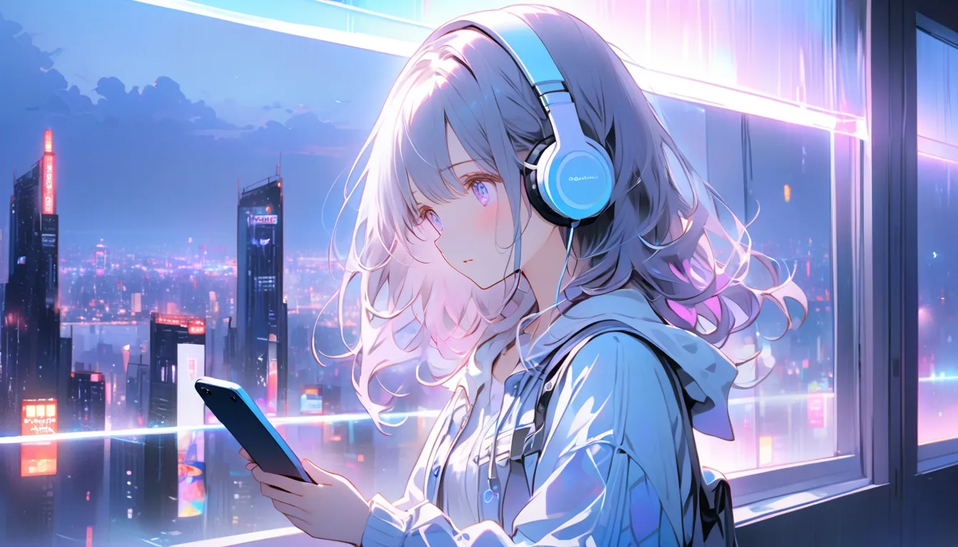 A melancholic night scene with a young girl wearing headphones, standing by a window overlooking a neon-lit city. The atmosphere is dreamy and emotional, with a soft blue and purple color palette. The city lights reflect in her eyes, and she holds a smartp...