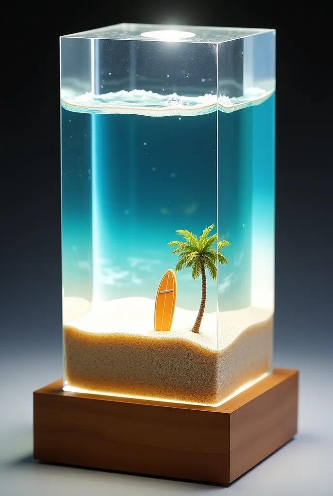 "A fully transparent epoxy resin lamp shaped like a rectangular prism, mounted on a wooden base with a subtle sand texture. Inside, a floating miniature beach scene features gentle waves meeting soft sand. A tiny surfboard is half-buried in the sand, and a...