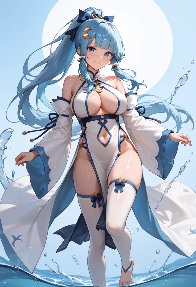 score_9, score_8_up, score_7_up, score_6_up, score_5_up, 1girl, breasts, solo, blue-eyes, thighhighs, large-breasts, long-hair, blue-hair, navel, hair-ornament, cleavage, toeless-legwear, detached-sleeves, looking-at-viewer, white-thighhighs, bare-shoulder...