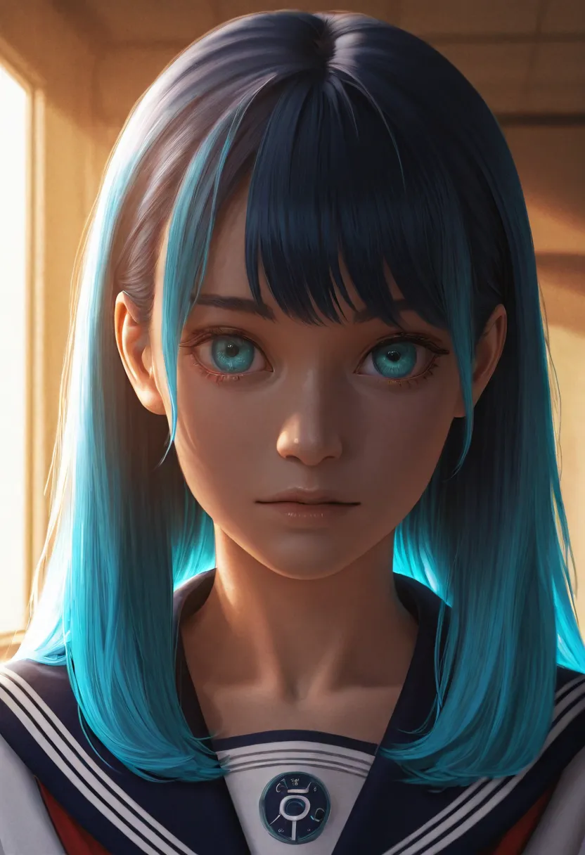 a girl with long cyan hair and cyan eyes, in a school, with the number "0057" written on her neck, detailed portrait, photorealistic, 8K, highly detailed, hyper realistic, dramatic lighting, cinematic, school setting, uniform, focused gaze, digital paintin...