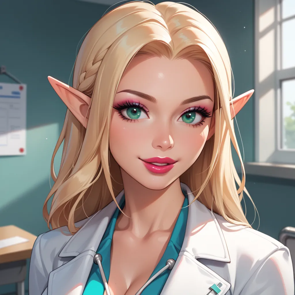 score_9, score_8_up, score_7_up, 1 girl, Alone, upper body, watching viewers, ç½ è² , Rich long blonde hair, Elf, makeup,  Open Lips, lipstick, eyeliner,  bimbo, Gal girl ,  mint green eyes
、Smile over here with a smile、,((clothing:Doctor&#39;s coat:color:...