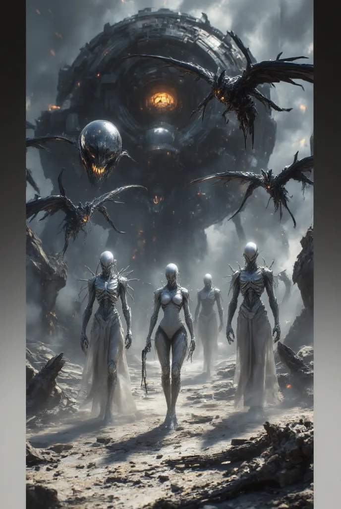 The image is a work of surreal art and dark fantasy that represents a desolate landscape with a haunting atmosphere. The scene is populated by several necrophages with pale and ghostly skin, elongated limbs and features mutated by radiation. Some figures h...