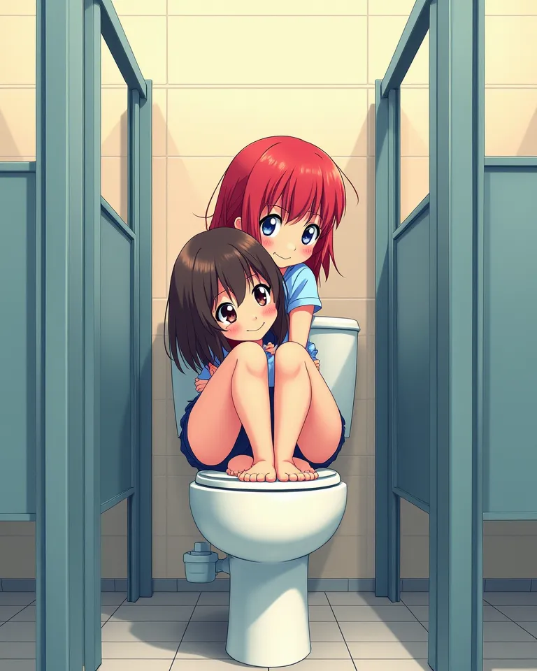 art, where are two anime guys, redhead and brunette, hide in the toilet. They're sitting on the toilet roof, raising your legs up 