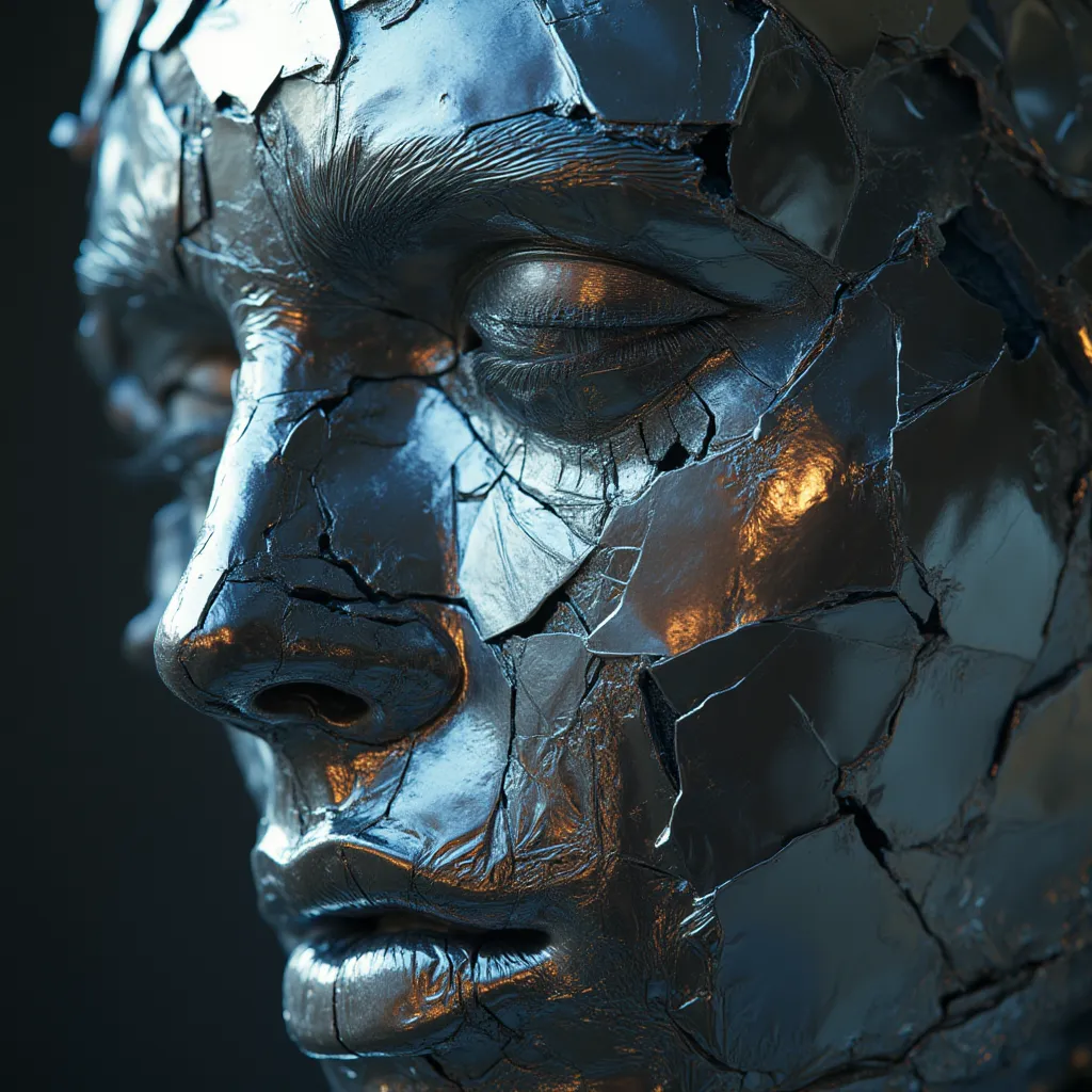 OBlvbo,a highly detailed,digital artwork depicting a face made entirely of reflective,metallic shards,the shards are predominantly silver,hyper-realistic,masterpiece,4K,HDR,physically-based rendering,sharp focus,extreme detail,professional,cinematic lighti...