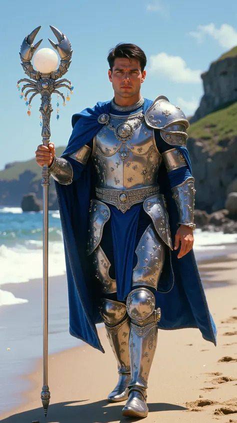 Tom Cruise reimagined as a majestic human-cancer hybrid walking and holding a silver scepter, dramatic atmosphere, 1 male、
short, dark brown hair and expressive hazel eyes.
He wears ultra-luxurious armor crafted from polished silver and deep blue steel,...