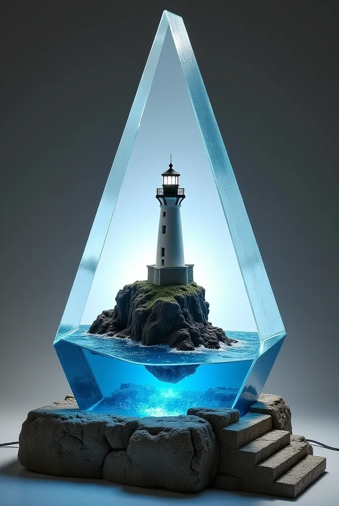 "A fully transparent epoxy resin lamp shaped like a trapezoidal prism, set on a textured stone base with miniature carved steps leading to the scene. Inside, a floating miniature lighthouse stands atop a rocky cliff, while below, small sculpted ocean waves...