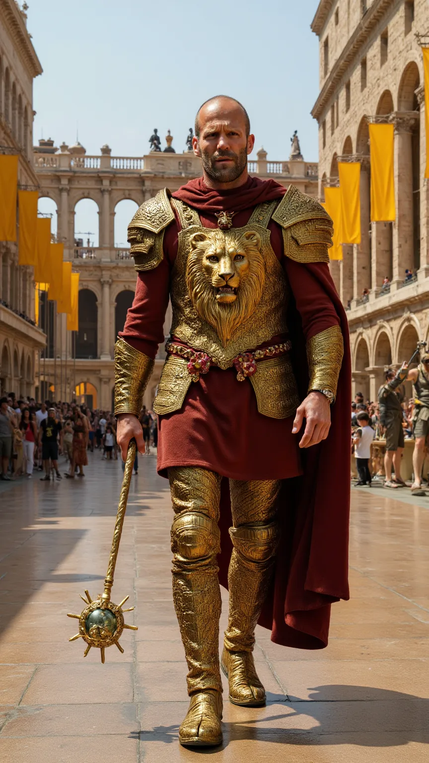 Jason Statham reimagined as a majestic human-leo hybrid walking and holding a golden scepter, dramatic atmosphere, 1 male､ sharp facial features and intense hazel eyes. 
He wears ultra-luxurious armor crafted from polished gold and bronze, adorned with eng...